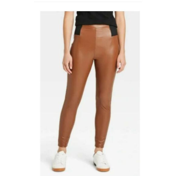 479 A New Day Women’s Faux Leather High-Waist Leggings Cognac Brown - Picture 1 of 3